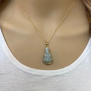 Small 14K Solid Gold Guanyin Kwan Yin Female Buddha Grade A Jade Pendant Genuine